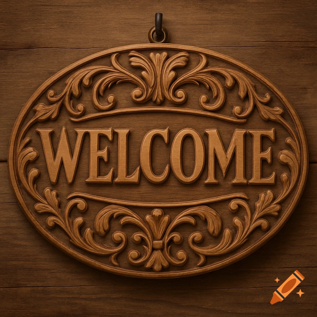 A carved wooden oval sign with scrolling patterns and the word 'WELCOME'.