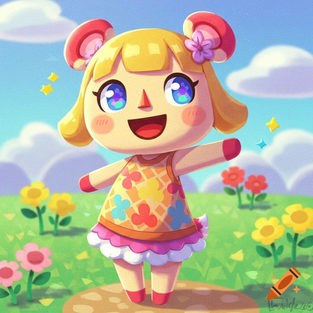 A cheerful cartoony character, like an Animal Crossing villager, waves in a bright field with flowers and clouds.