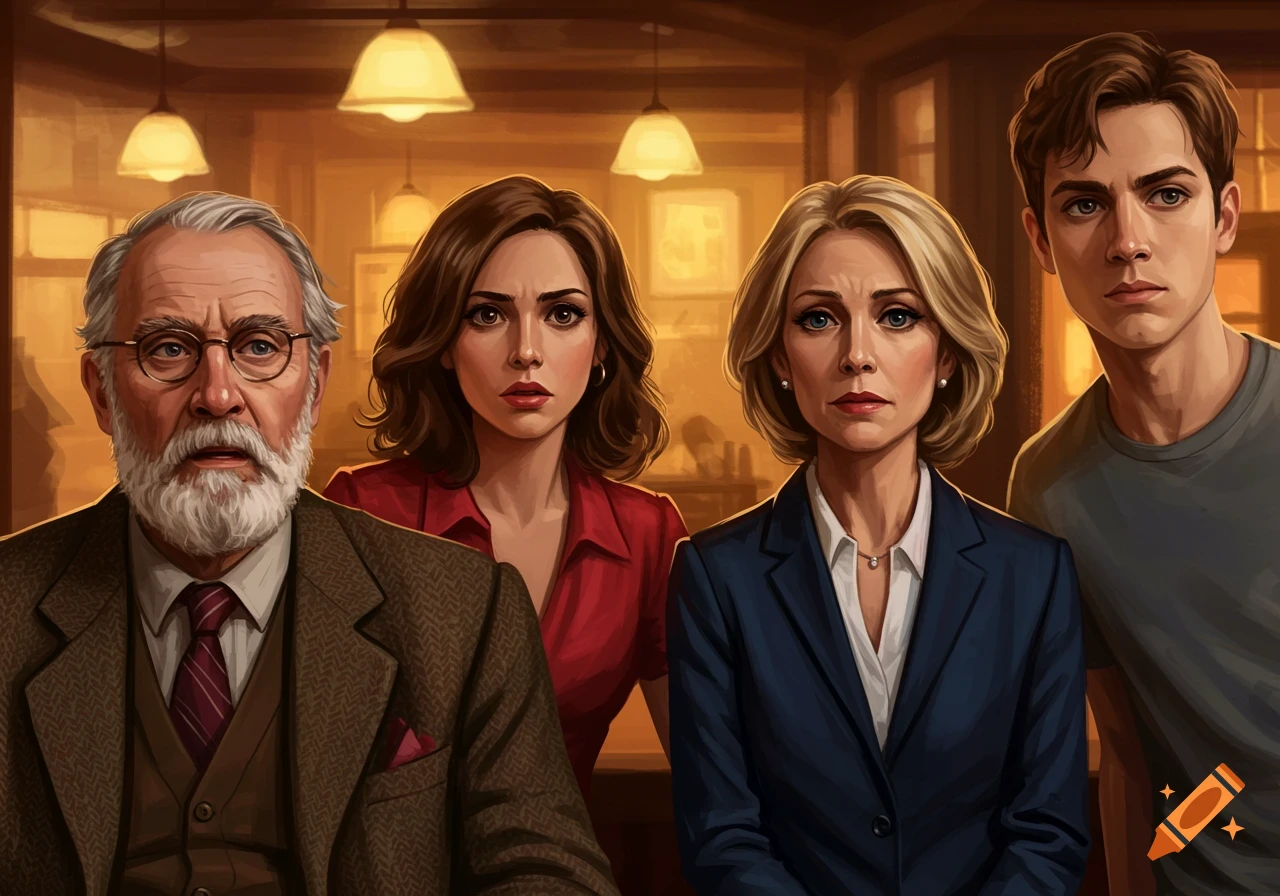 Four serious-looking people of different ages indoors.