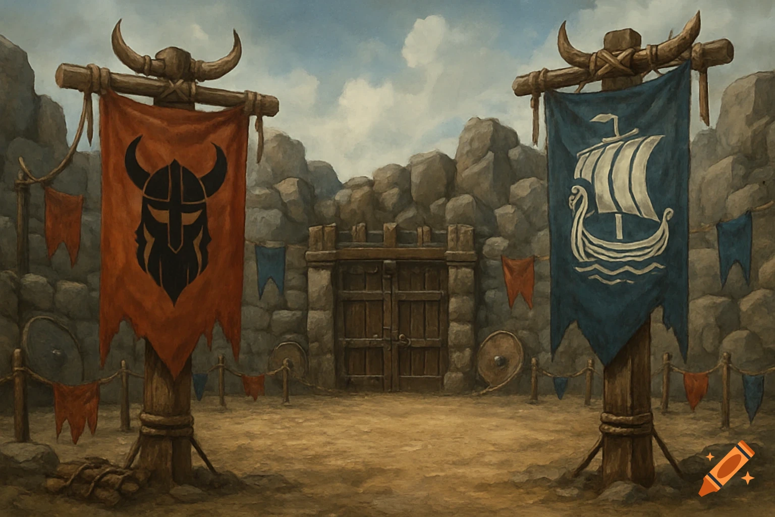 Viking battle arena entrance with two large banners featuring a helmet and a longboat, painted style.