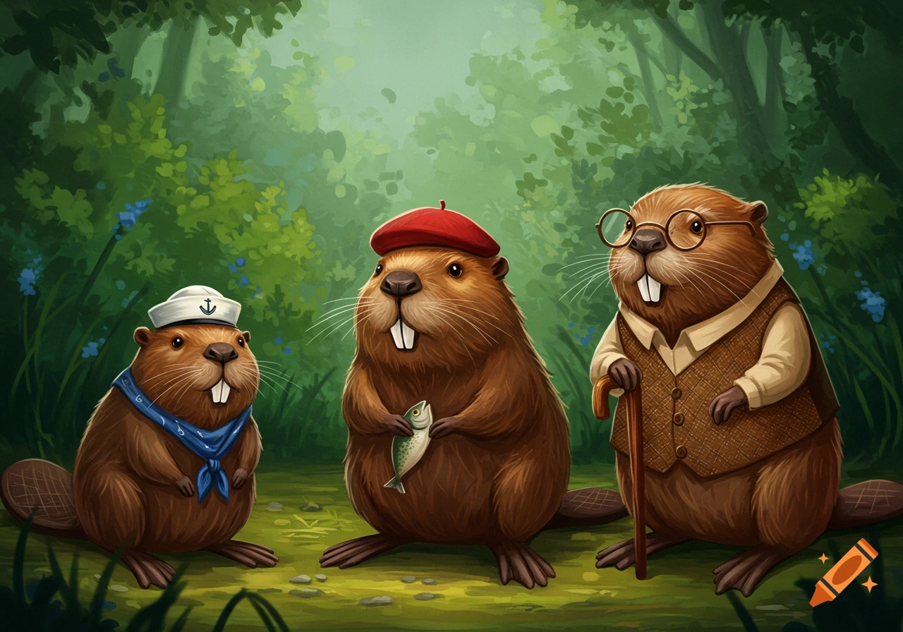 Three cartoon beavers, one in a sailor hat, one in a beret, and one with glasses and a cane, stand in a forest.