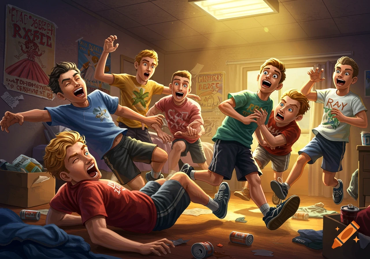 A group of young men in a messy room are laughing and wrestling playfully.