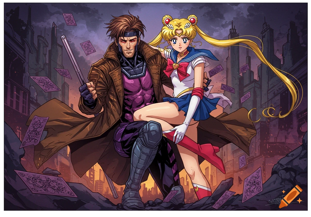 Gambit and Sailor Moon pose together in a comic book style with cards floating around them in a city setting.