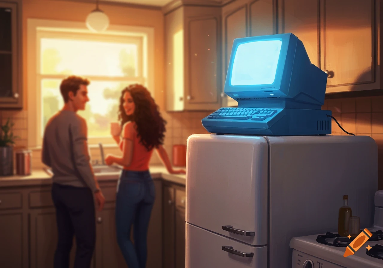 A retro computer sits on a fridge in a kitchen with a man and woman in the background.