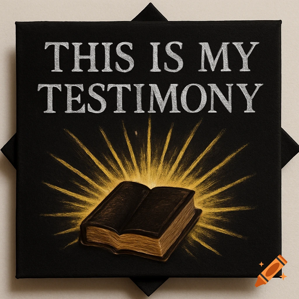 Black graduation cap with silver text 'THIS IS MY TESTIMONY' and an open book emitting gold rays.