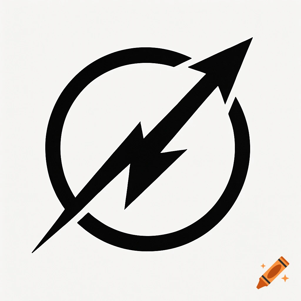 Black and white graphic symbol of a lightning bolt arrow passing through a circle.