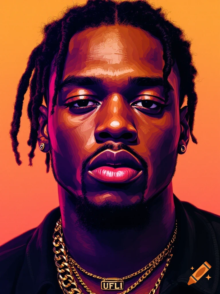 Stylized close-up portrait of a man with dreadlocks wearing gold chains with a UFLI pendant, against an orange background.