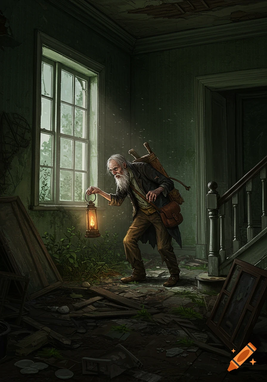 An old man with a long beard holds a lantern, exploring a dusty, abandoned house filled with debris and plants.