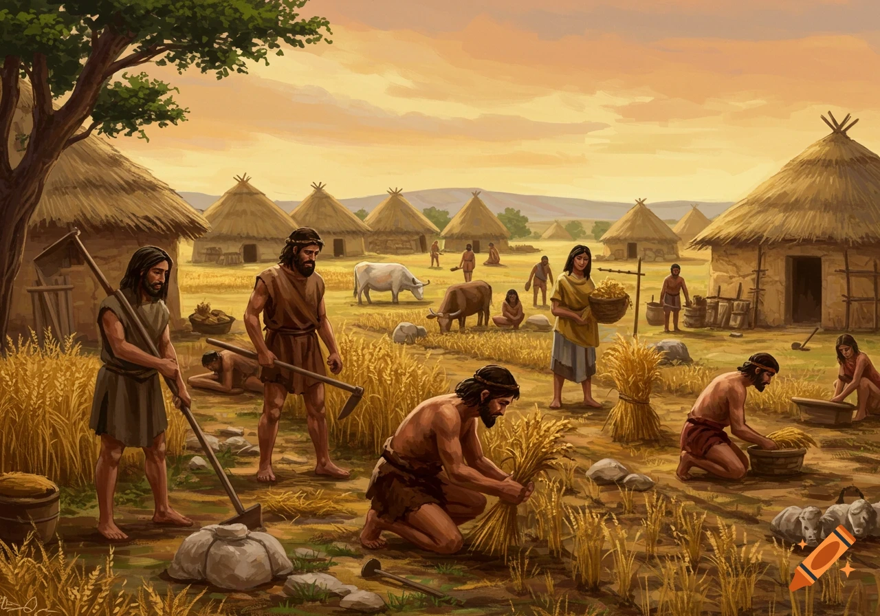 Illustration of ancient people farming in a village, harvesting grain and tending livestock.