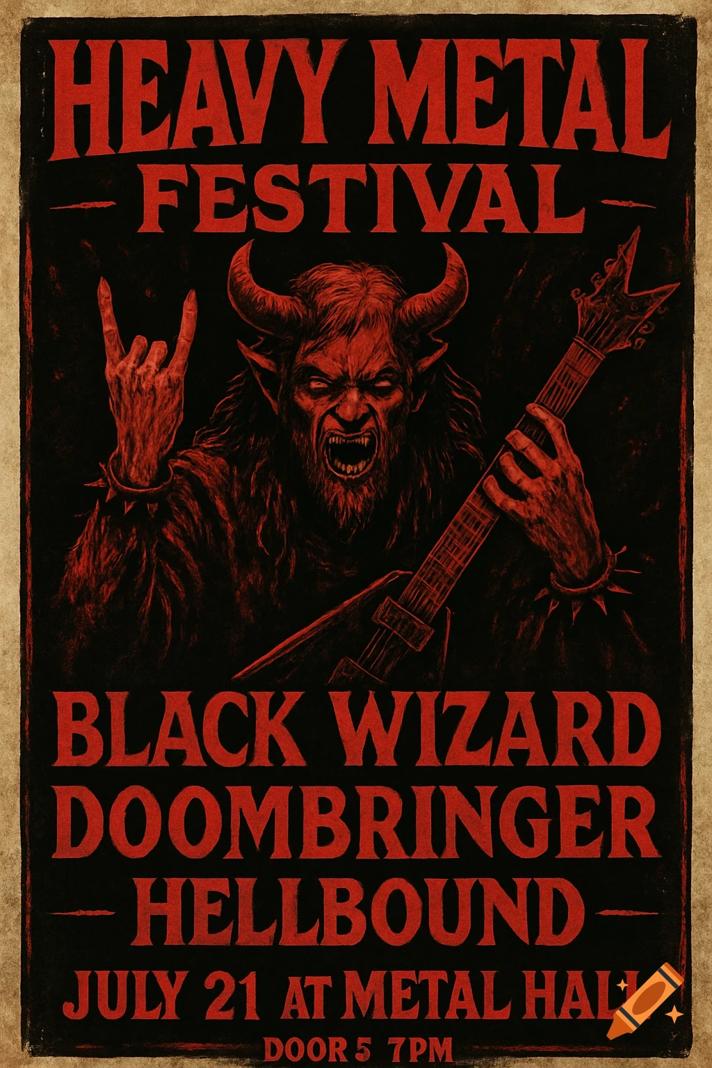 Red and black illustrated poster for a heavy metal festival featuring a demonic figure playing guitar