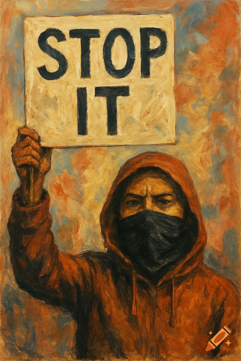 Protestor Drawing Painting of a masked protestor holding a sign that says STOP IT on Craiyon