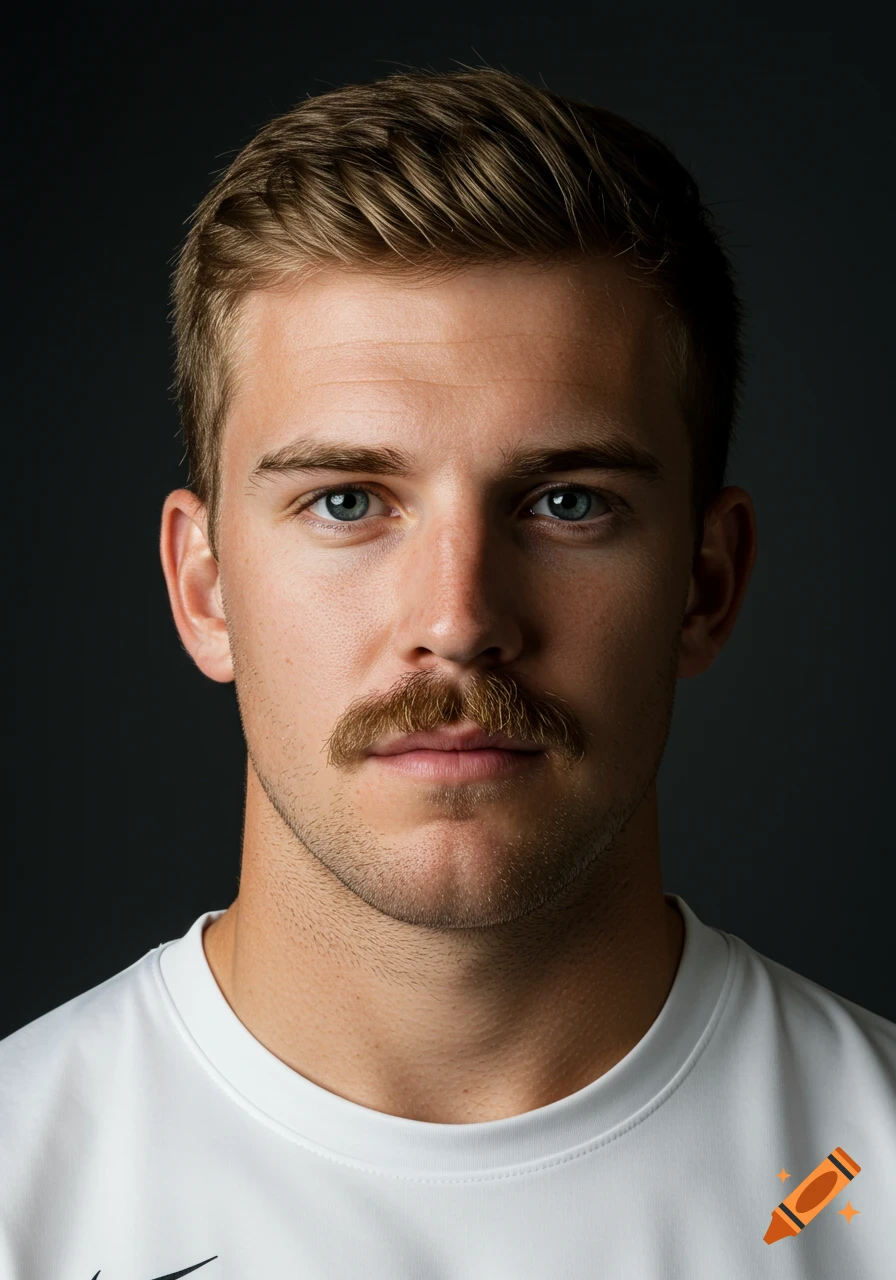 Close-up portrait of a male athlete with a moustache wearing a white t-shirt against a dark background.