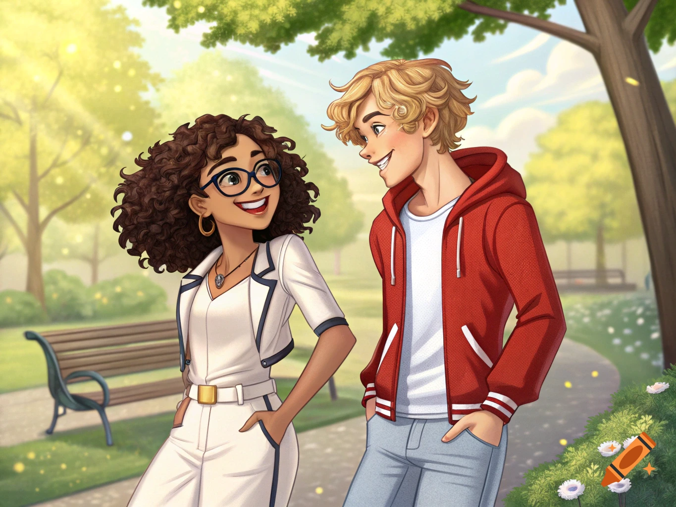 An illustration of a smiling teenage couple in a sunny park.