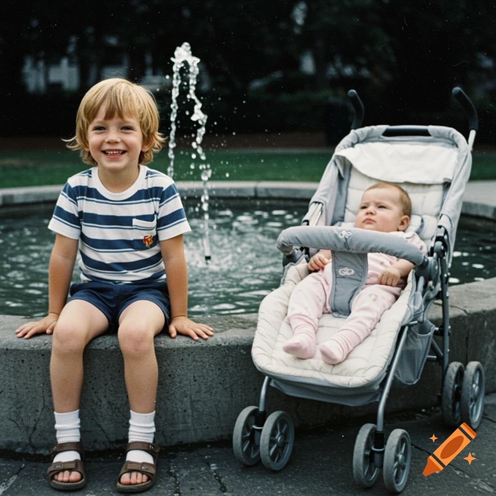 Young boy smiles by a fountain next to a baby in a stroller.