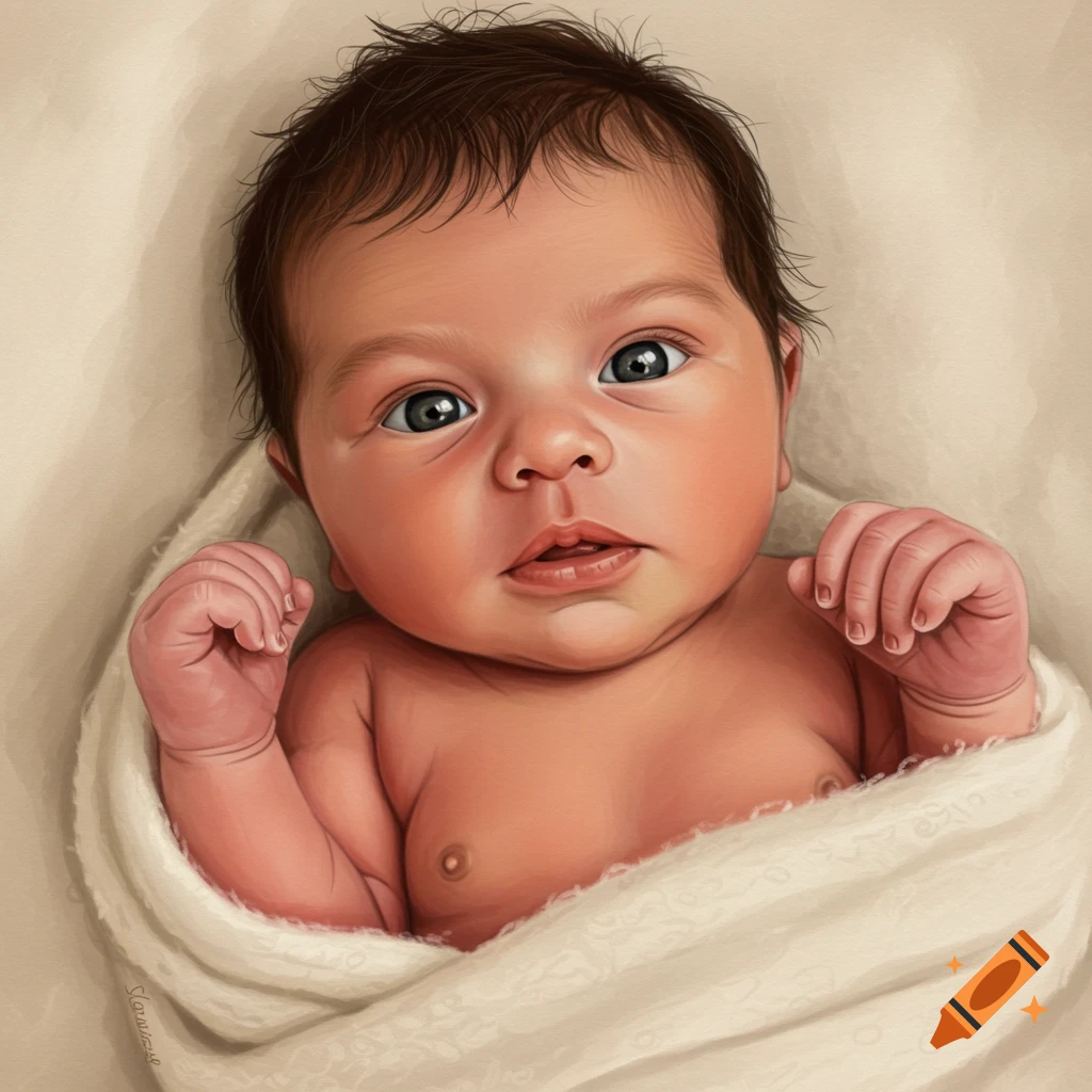 Close-up painted portrait of a newborn baby wrapped in a white blanket