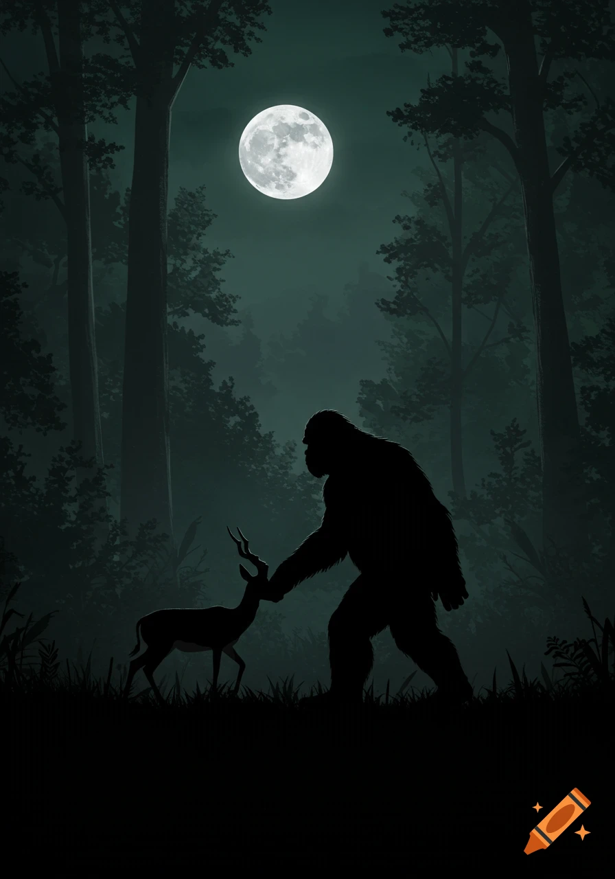 Silhouette of Sasquatch walking with an antelope in a dark forest under a full moon illustration.