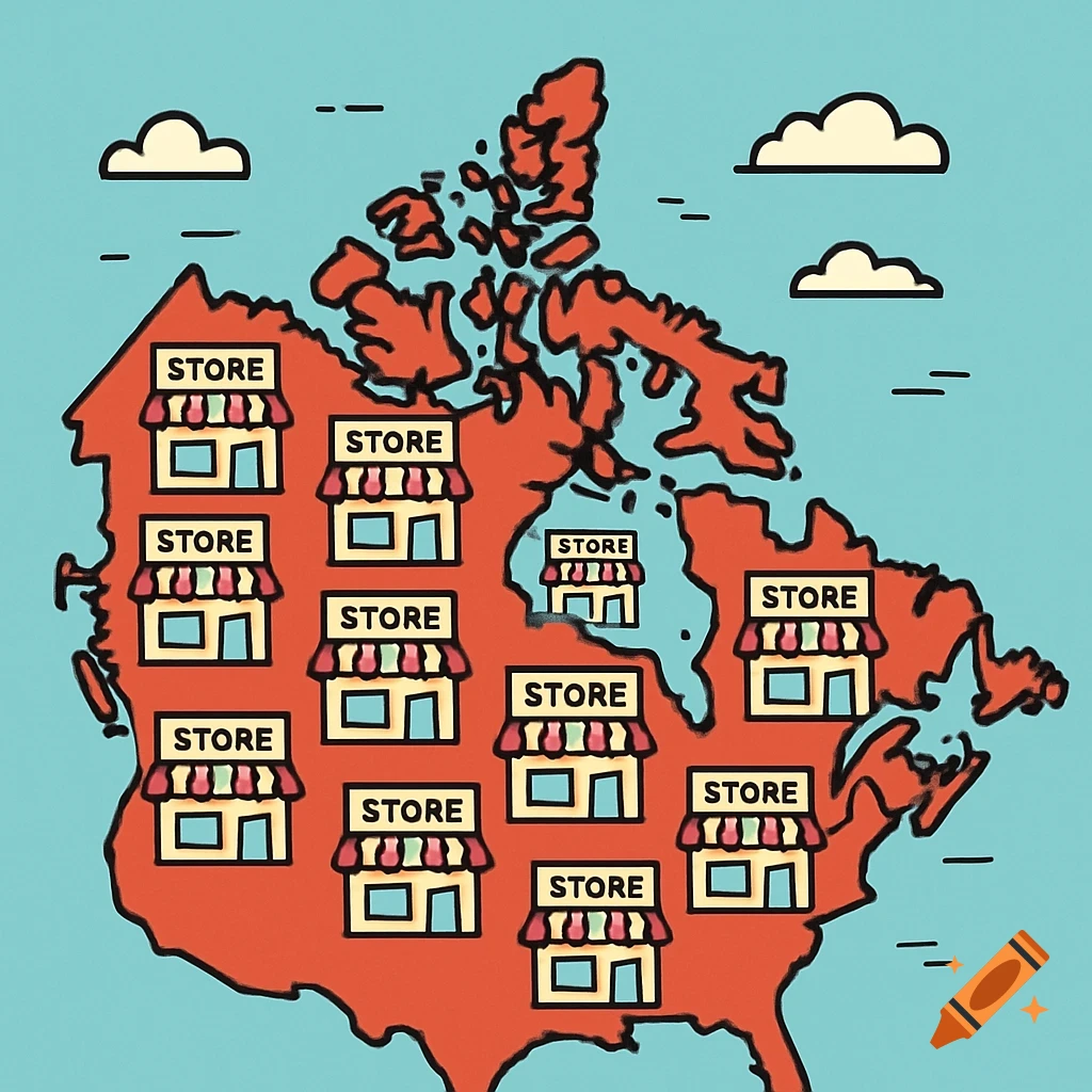 Animated illustration of the map of Canada covered in cartoon stores.