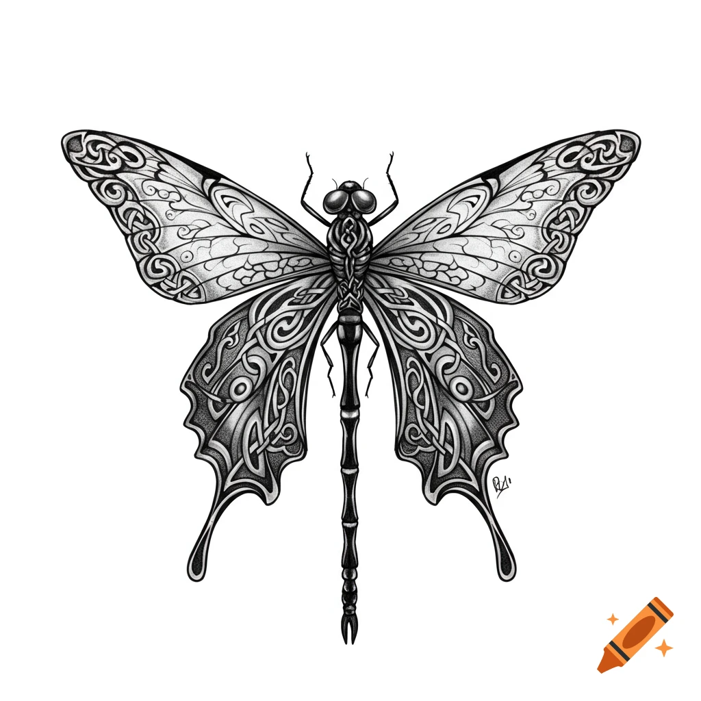 Black and white drawing of a butterfly-dragonfly hybrid with Celtic knotwork, viking tattoo style