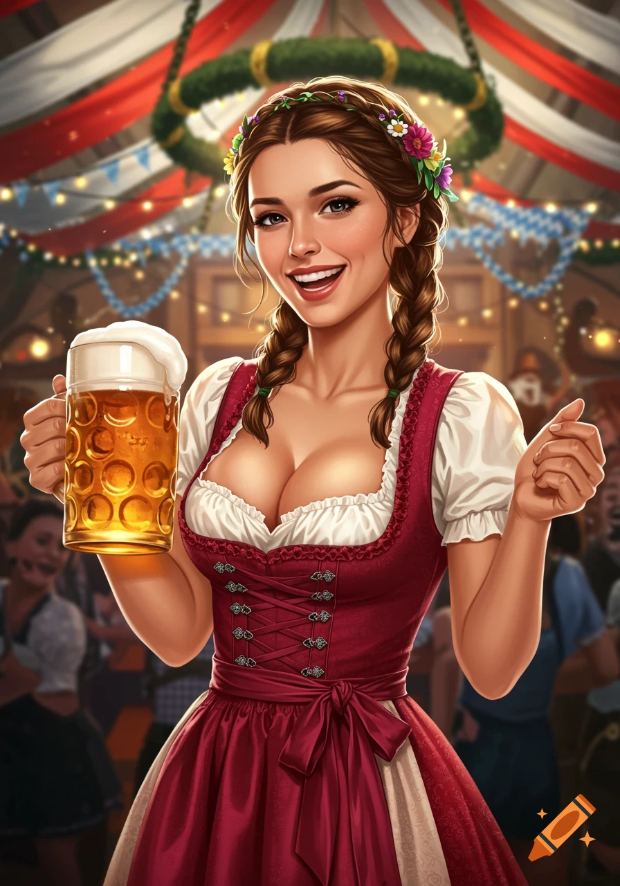 Young woman in traditional German dirndl holding a beer stein at Oktoberfest celebration.