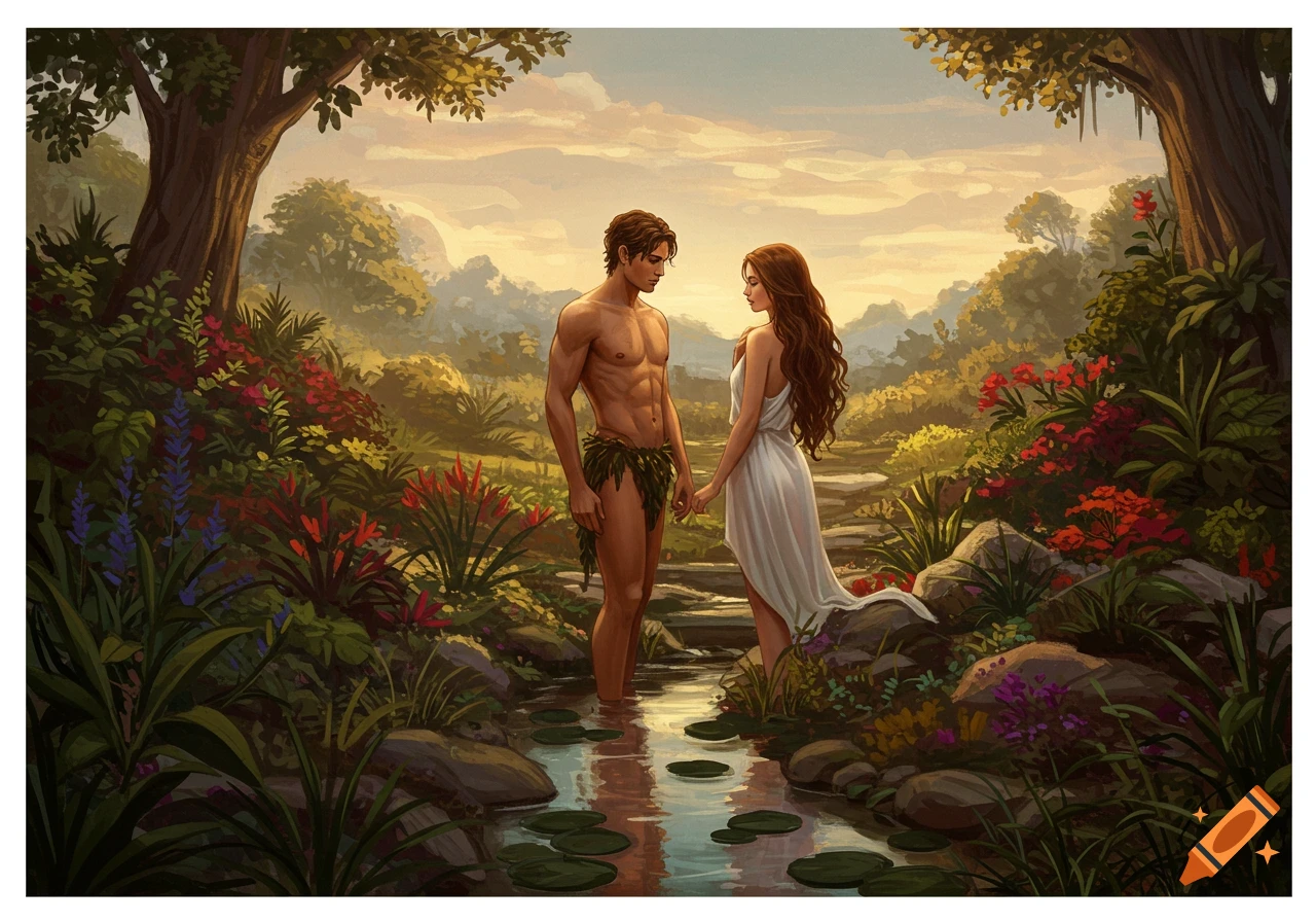 An illustrative scene of a man and woman holding hands in a lush, vibrant garden by a stream.