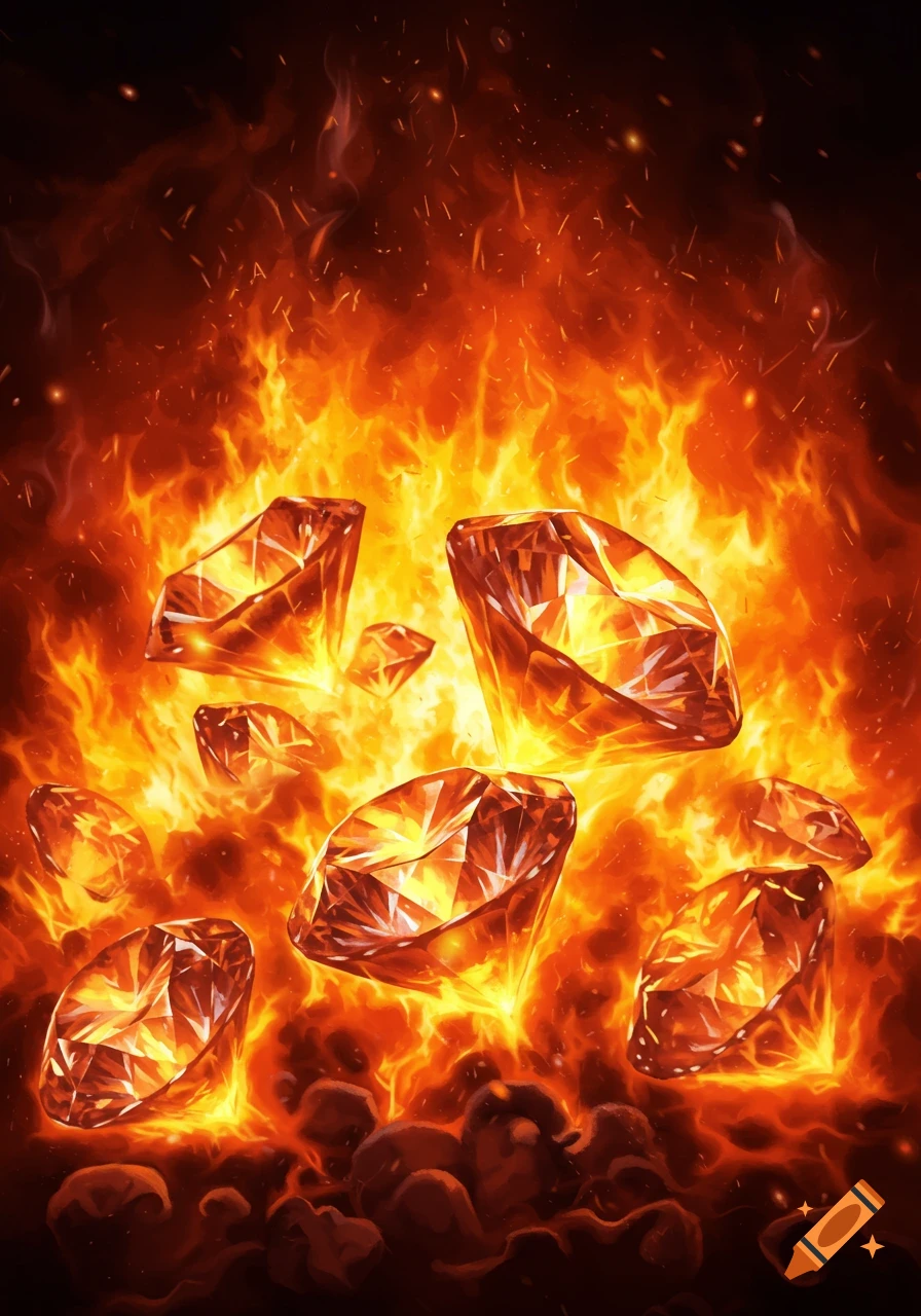 Multiple diamonds surrounded by flames.
