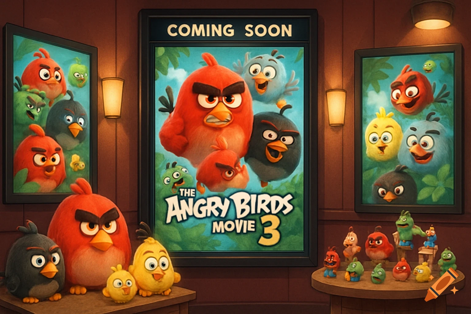 Angry Birds characters on movie posters, as plush toys, and figures in a movie theatre setting.