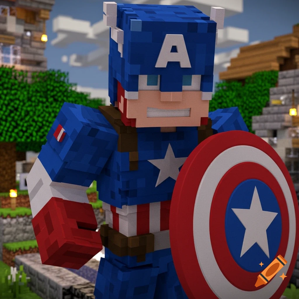 A blocky Captain America character stands in a Minecraft world, holding his shield.