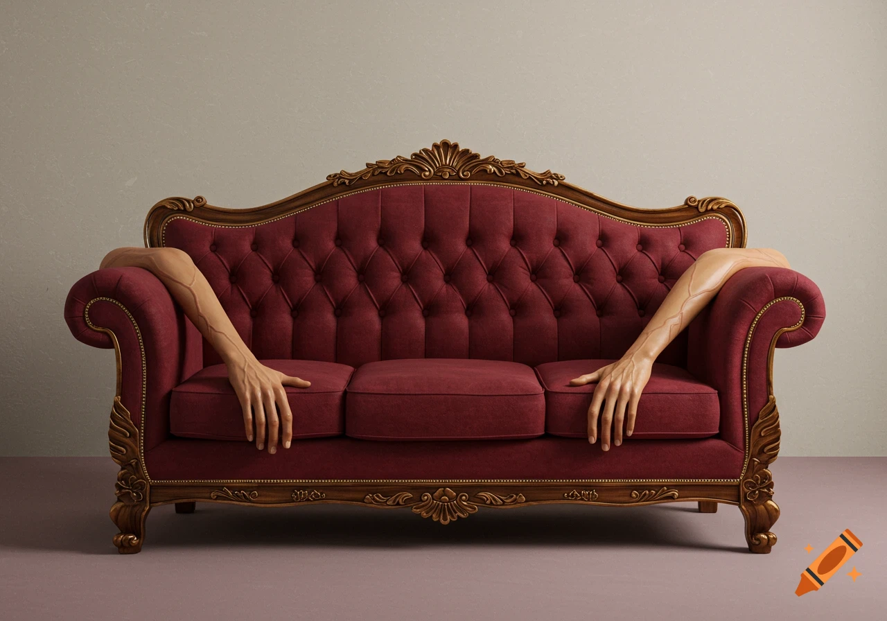 A red tufted sofa with human arms extending from the sides.