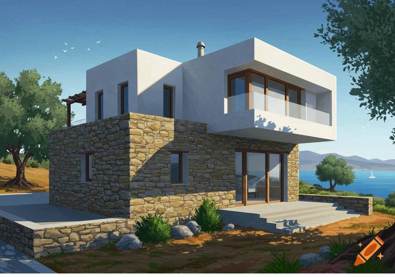 A modern house with a stone base and white upper floor overlooking the sea in Greece.