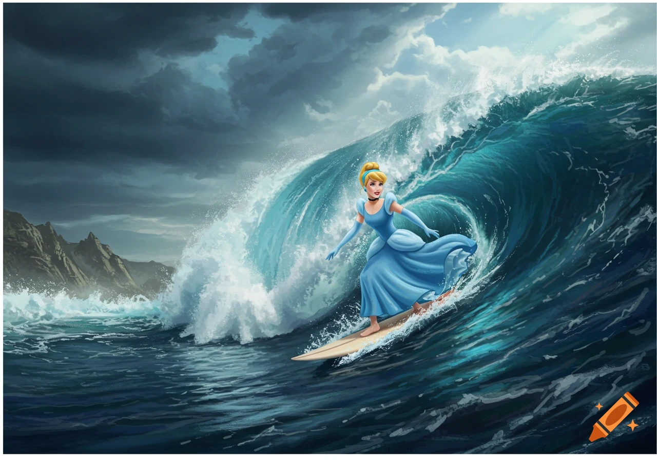Illustration of Cinderella surfing a large blue wave under a cloudy sky.
