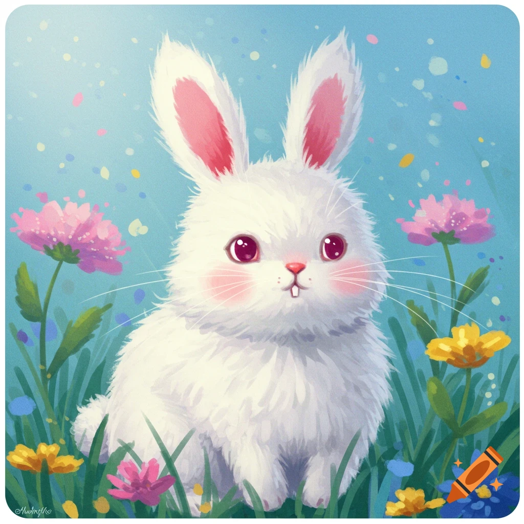 Cute white rabbit sits among colorful spring flowers in an illustration.