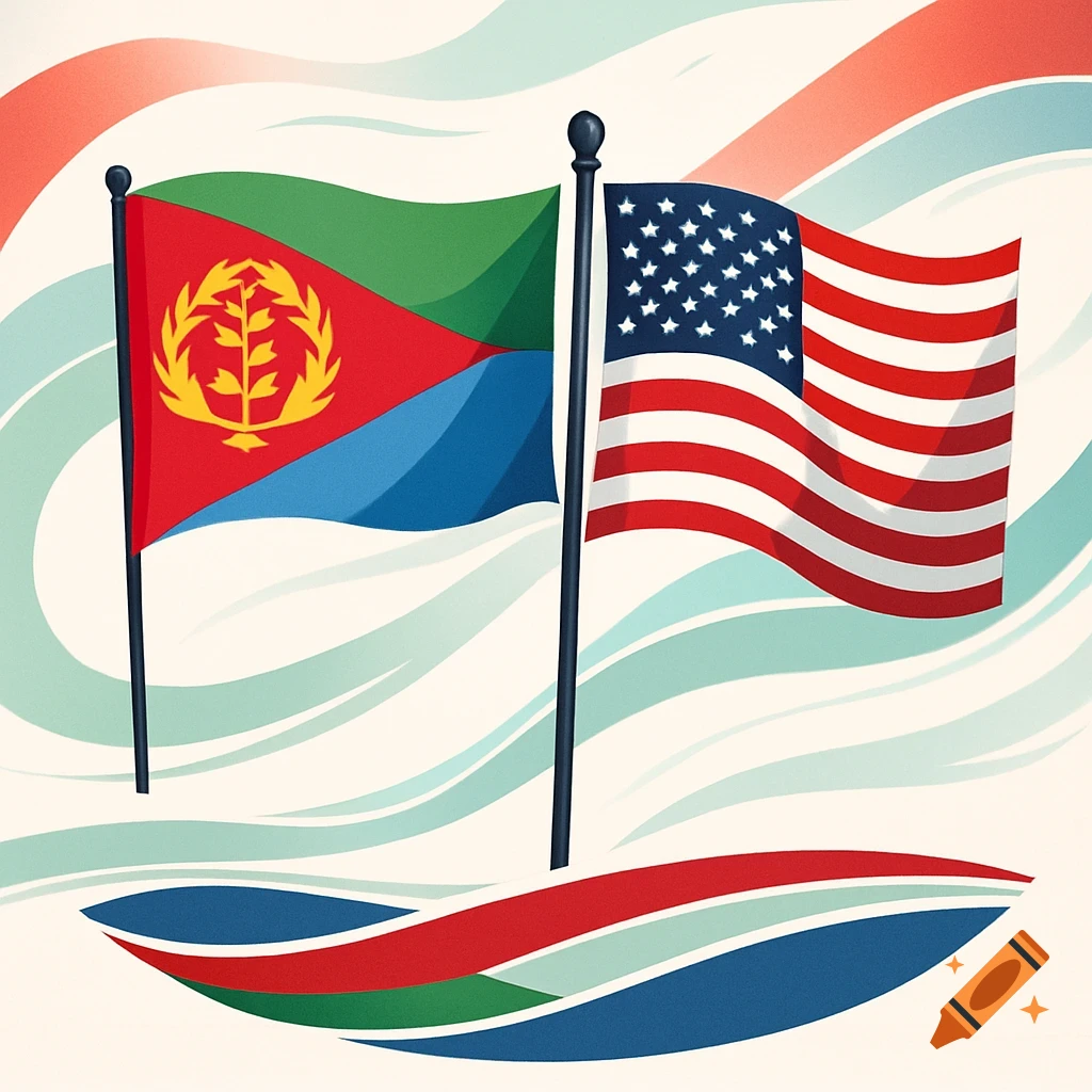 Stylized illustration of Eritrean and American flags waving side by side.