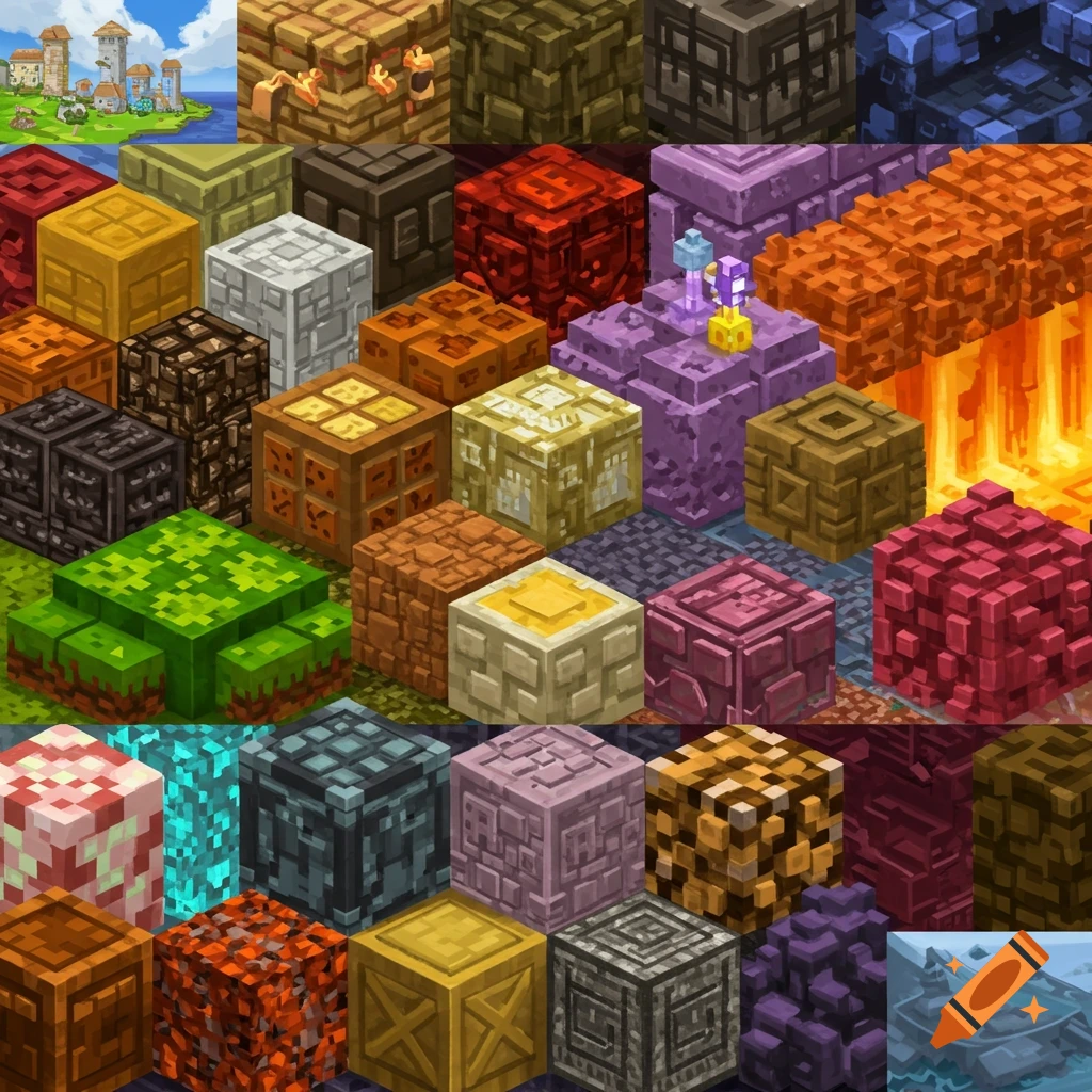 A grid of colorful isometric blocks or textures in a video game style, with a small village scene in the corner.
