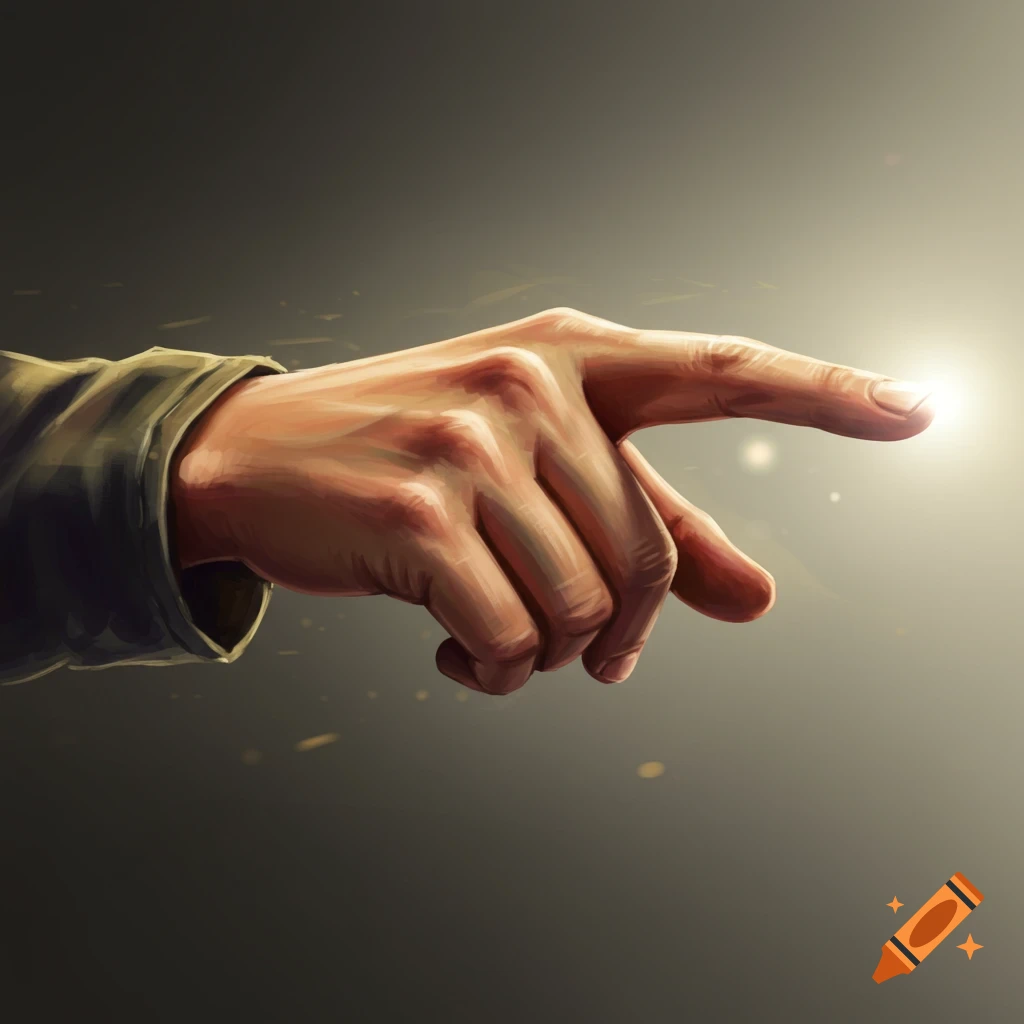 A hand points a finger towards a bright light source.