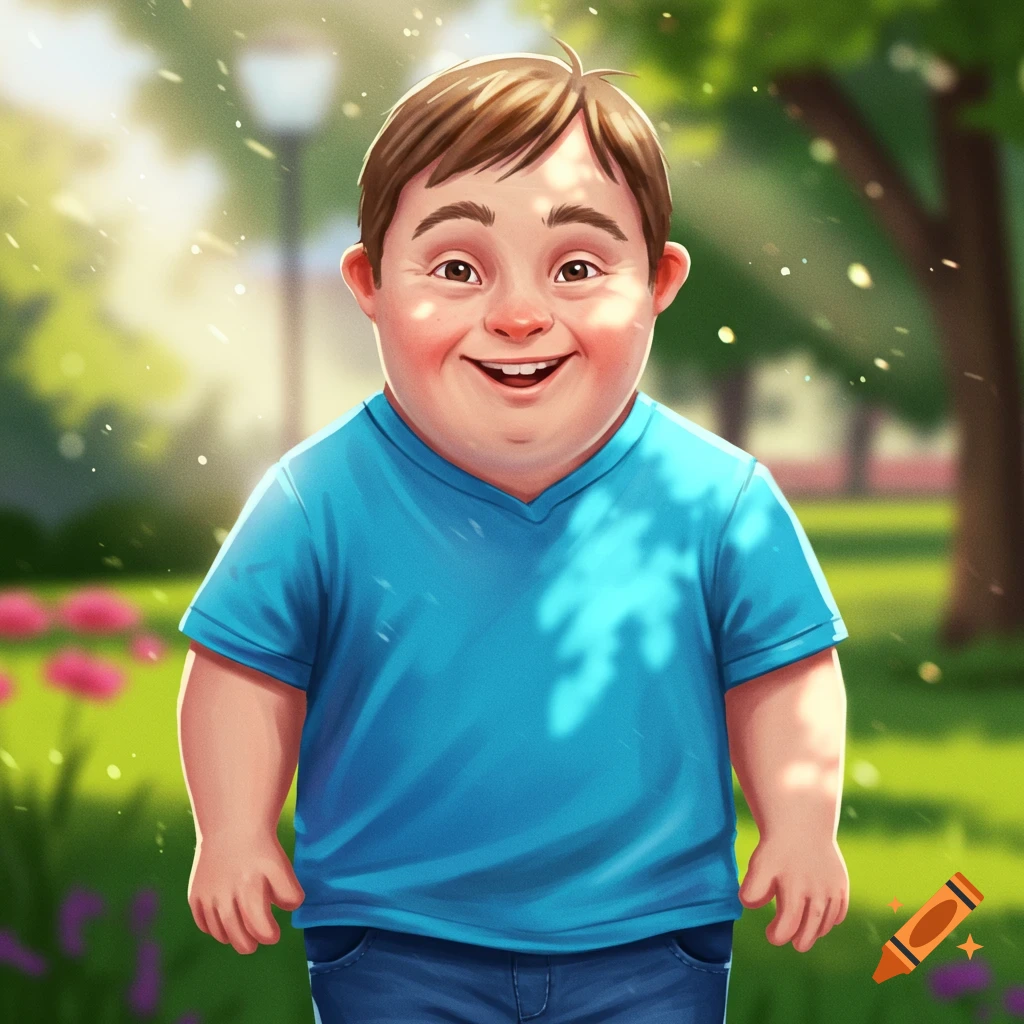 Illustration of a smiling child with Down syndrome standing in a sunny park.