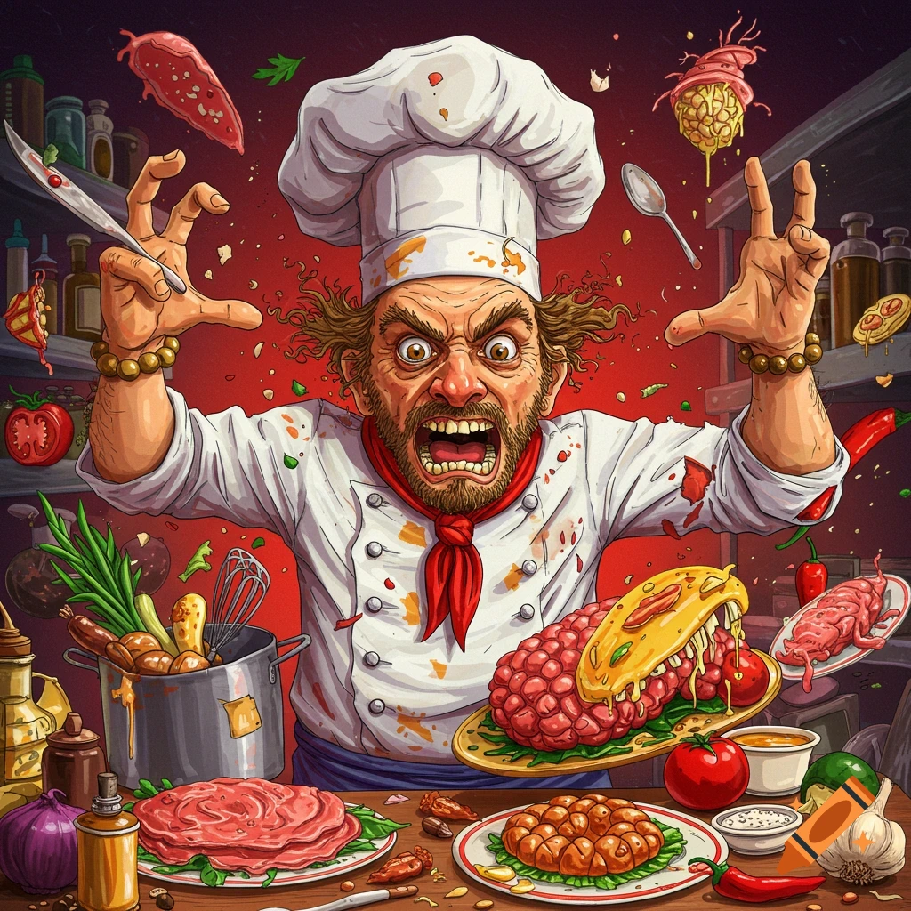 A chaotic, wild-eyed chef with messy hair and red scarf throws grotesque, flying food items in a kitchen, in an illustration style.