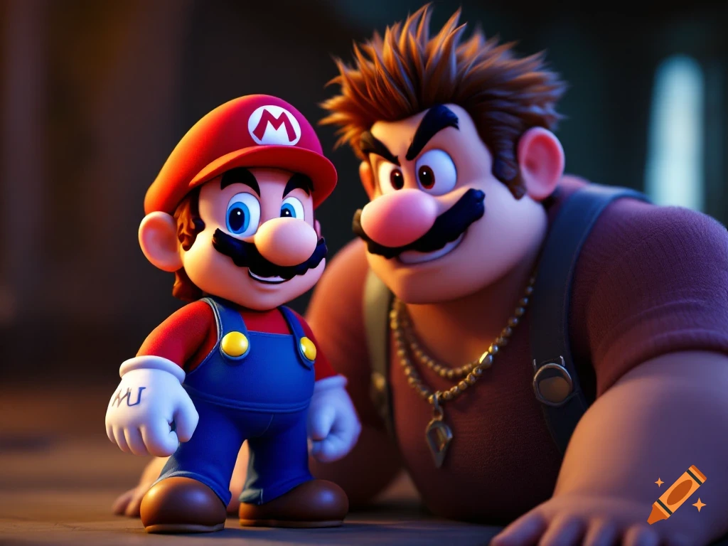 Mario stands next to Wreck-It Ralph in a stylized animated scene.