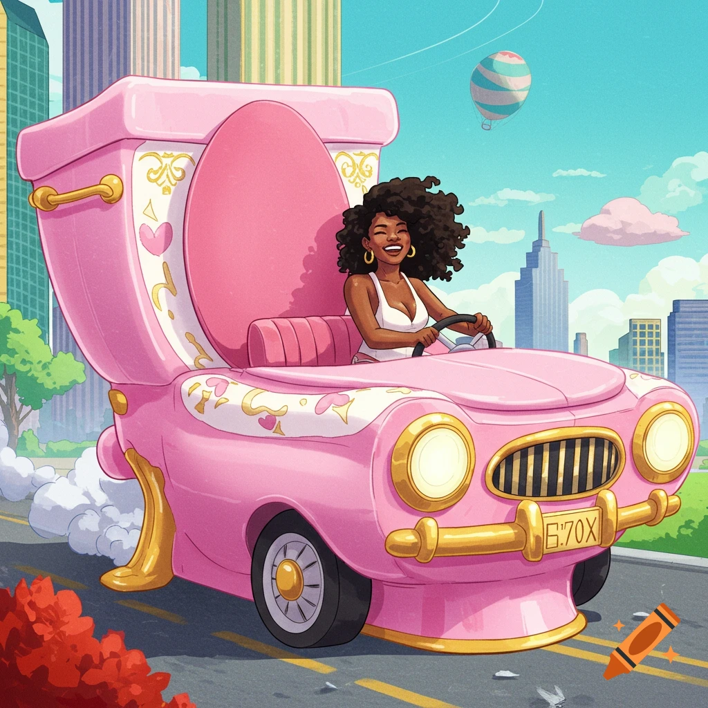 A Black woman smiles while driving a giant pink toilet car down a city street in a cartoon style.