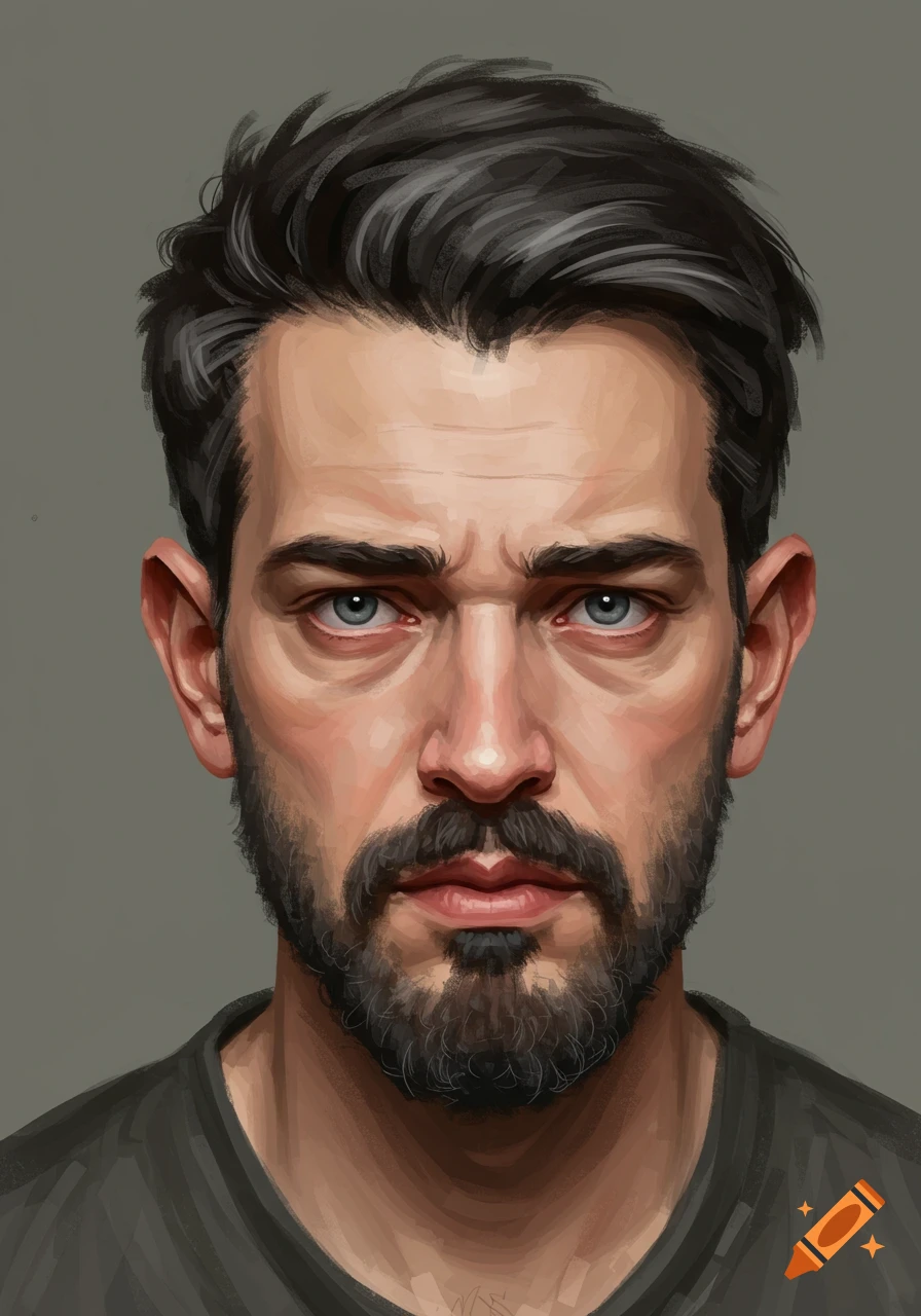 Digital painting portrait of a man with a beard and mustache looking forward.