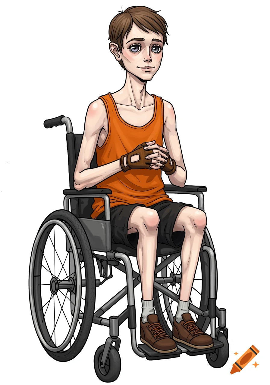 Hand-drawn illustration of a skinny teenage boy in a wheelchair, wearing an orange tank top and fingerless gloves, hands clasped, smiling gently.