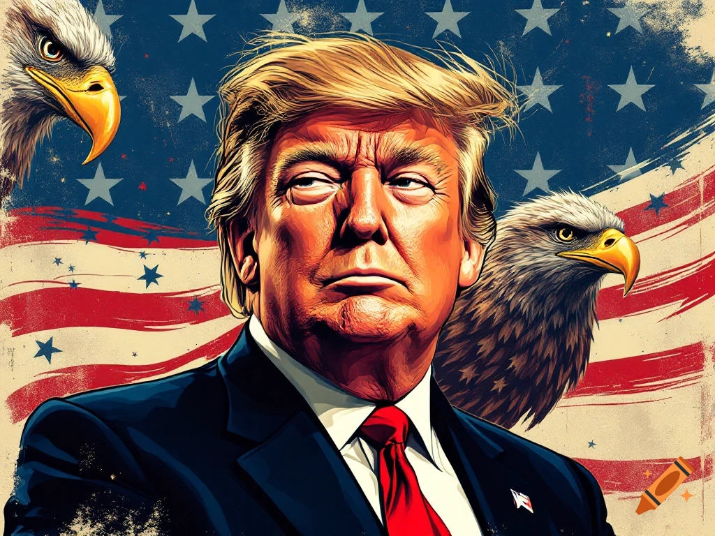 Stylized portrait of Donald Trump with bald eagles and an American flag background.