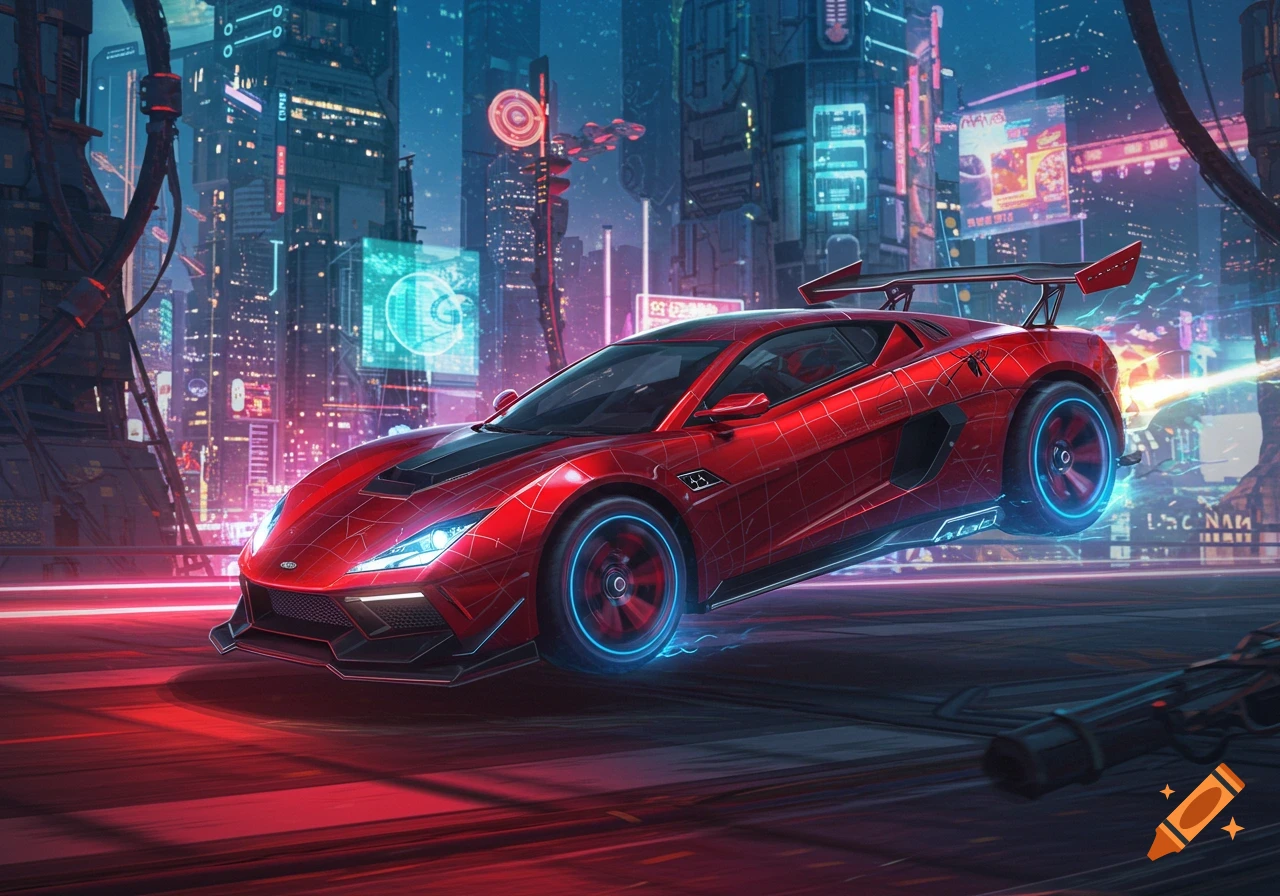 Red futuristic car flying through a neon-lit cyberpunk city at night