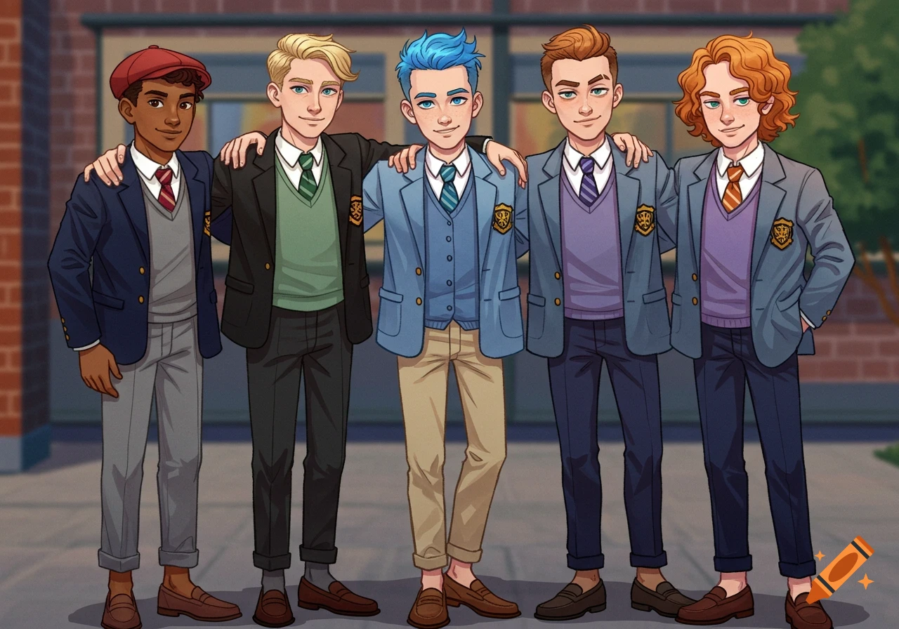 Five cartoon teenage boys in school uniforms stand together outside a school building.