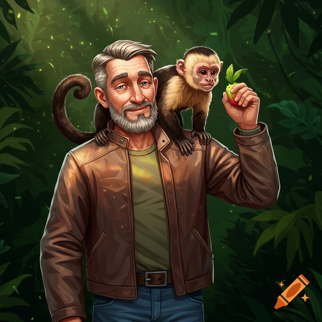 Illustration of a man with a monkey on his shoulder in a jungle holding a fruit