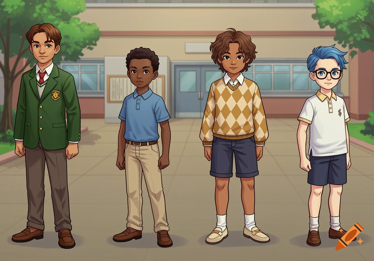 Four cartoon boys standing in front of a school building. One wears a green blazer, one a blue polo, one a diamond pattern sweater, and one a white polo and glasses.