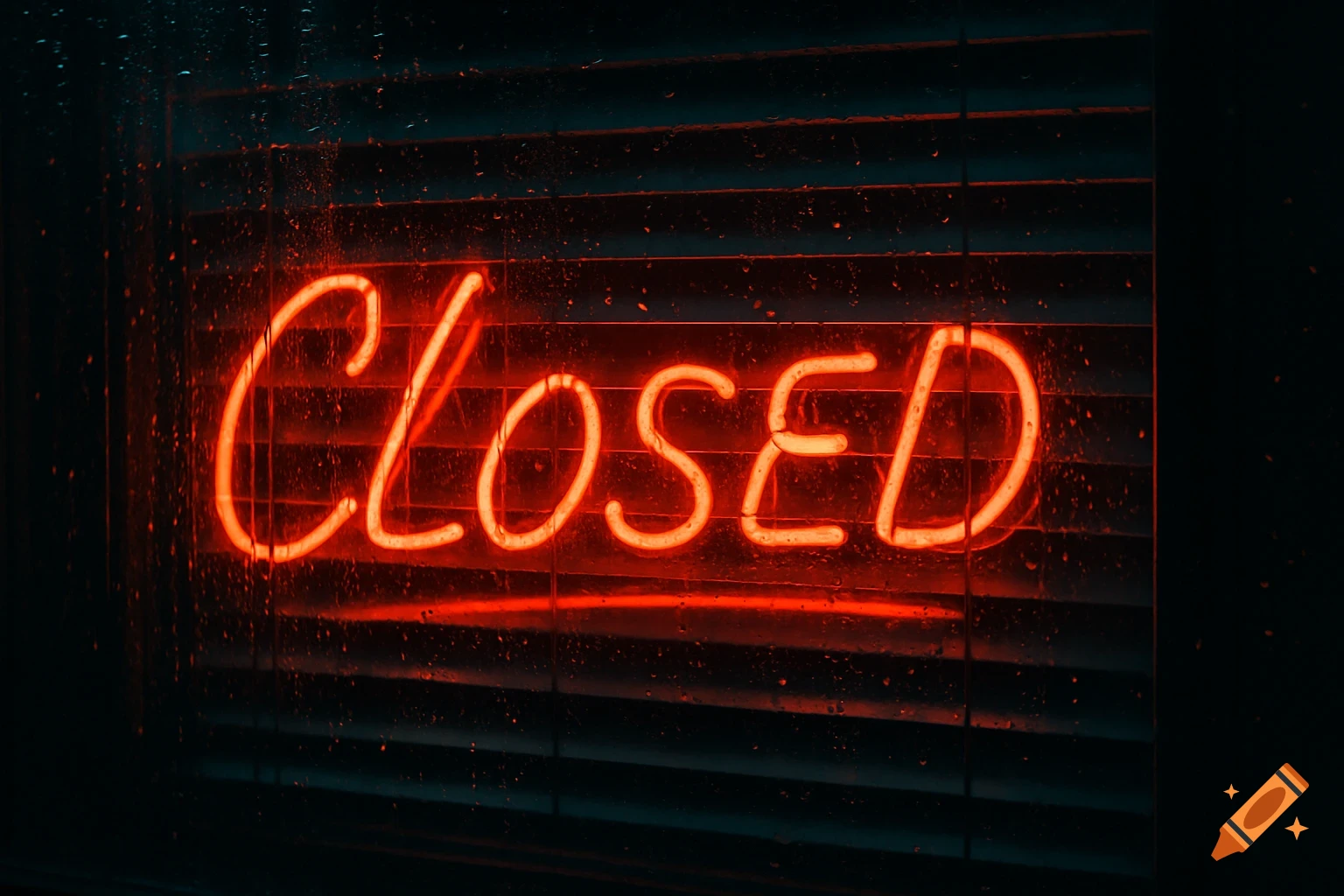 Red neon sign saying CLOSED on a window with rain drops at night