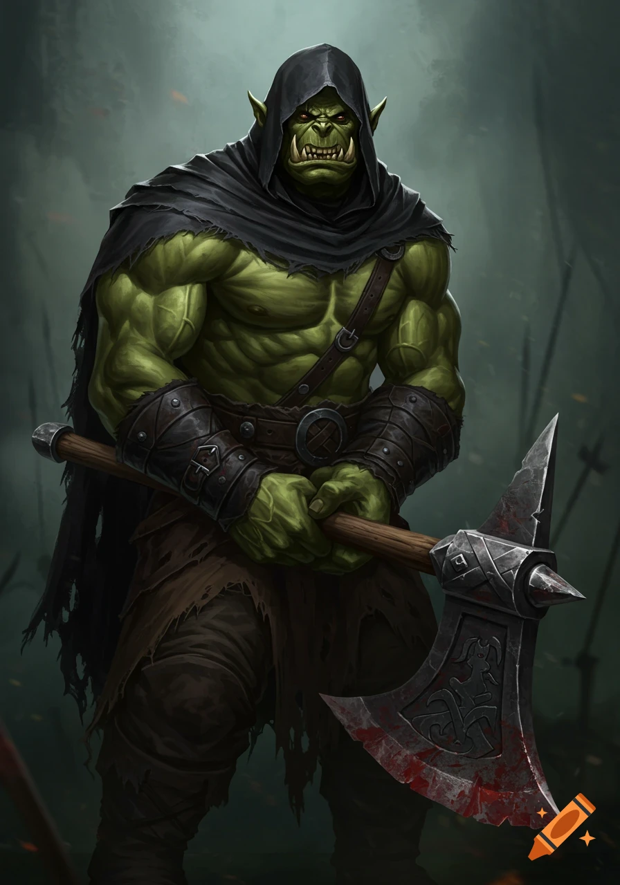 A green orc with a black hood and cloak holds a bloody battleaxe.