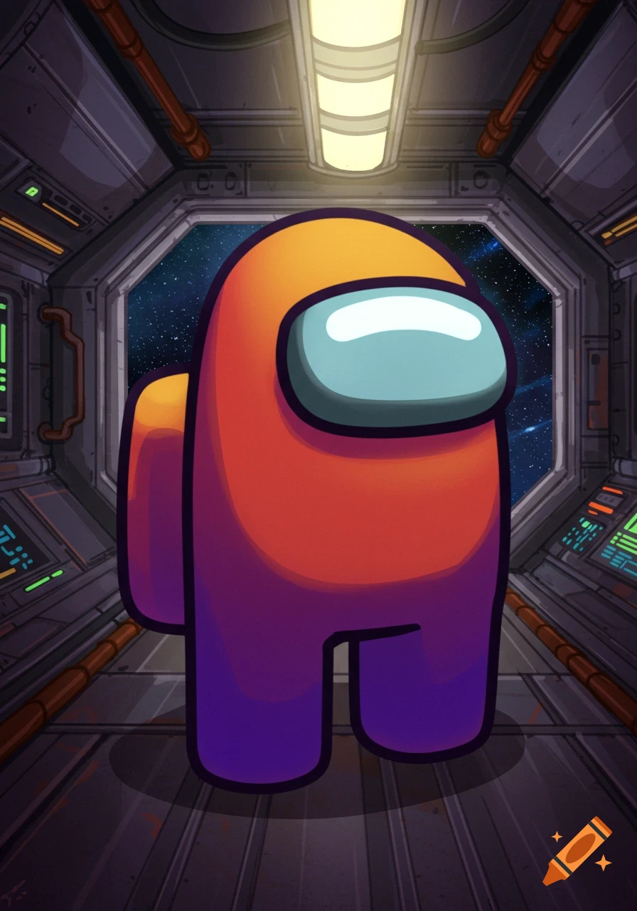 An orange and purple Among Us character stands in a spaceship corridor looking at the stars outside a window. Illustration.