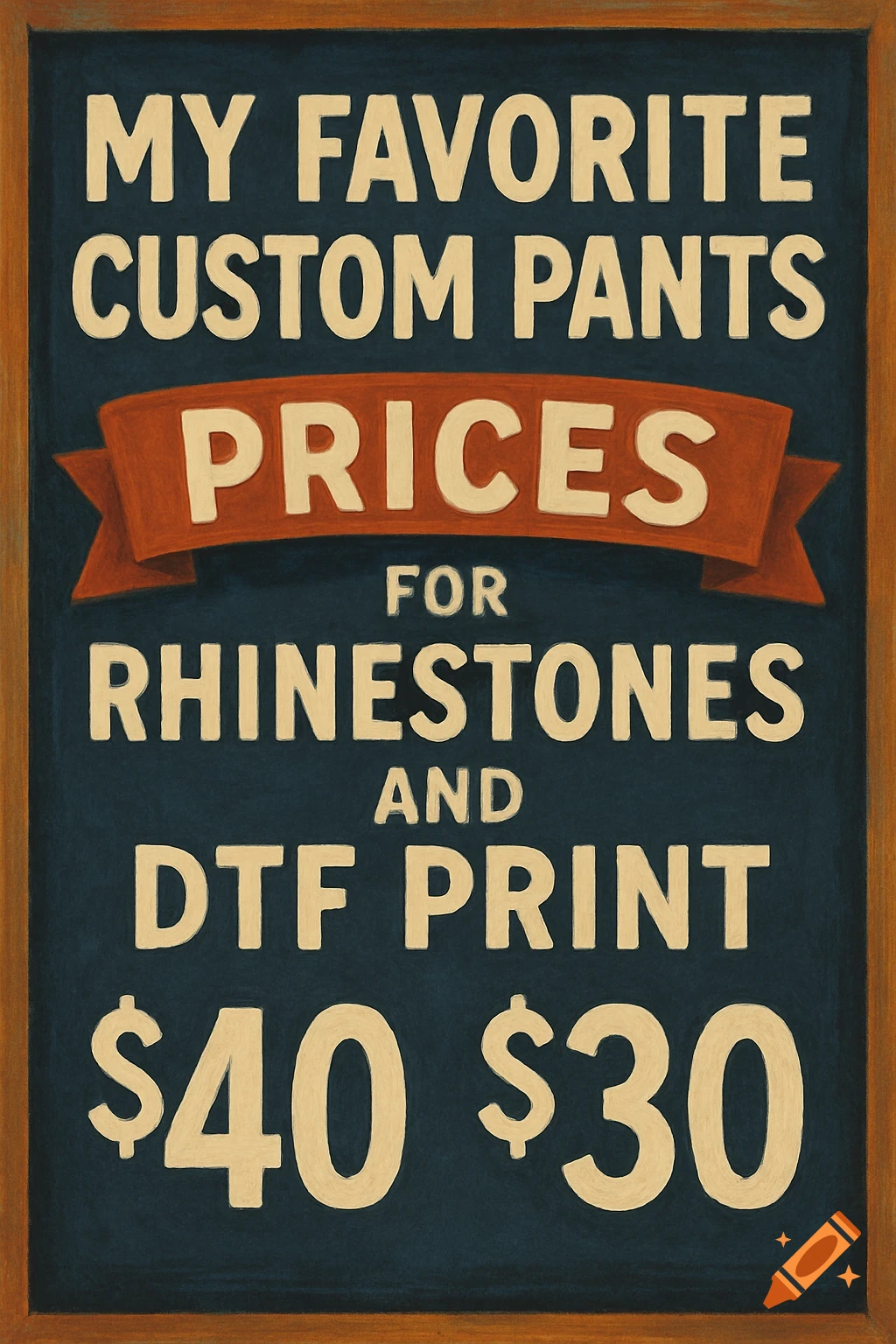 Sign advertising prices for custom pants with rhinestones and DTF print.