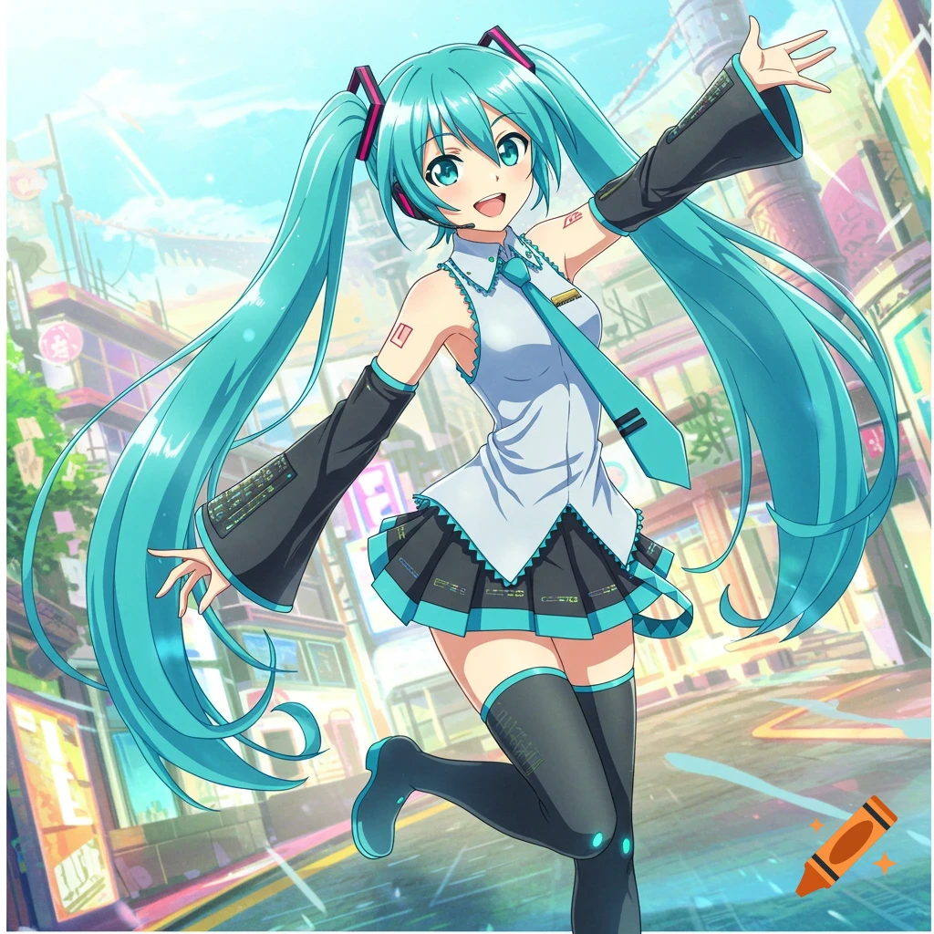 Anime girl with long teal twin tails in a city setting, wearing a white and black outfit with a teal tie, posing with one arm raised.